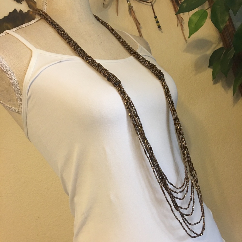Copper tone seed bead braided pull on necklace
